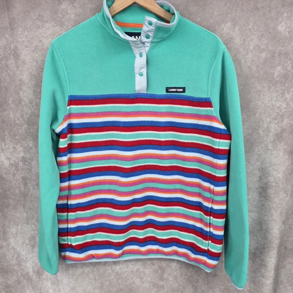 Lands' End Women's Heritage Fleece 1/4 Snap Pullover Pockets Size Medium Striped